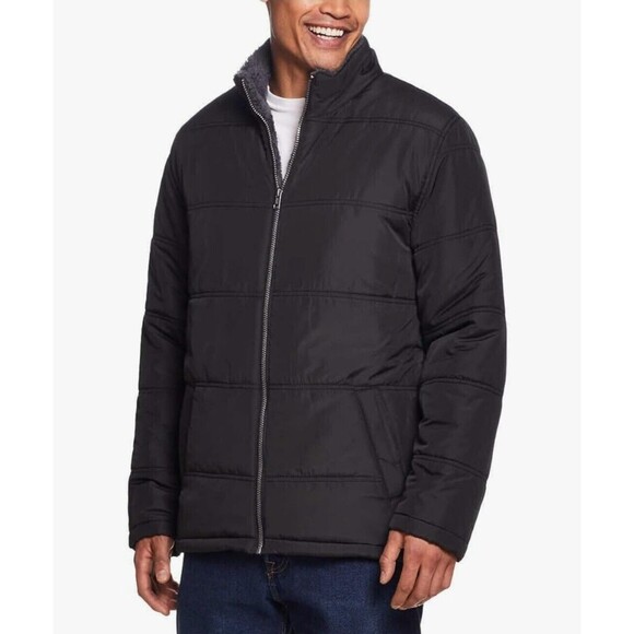 Men's Sz XL Weatherproof Sherpa Lined Puff Full Zip Jacket Puffer Coat L52 Black - Picture 2 of 8